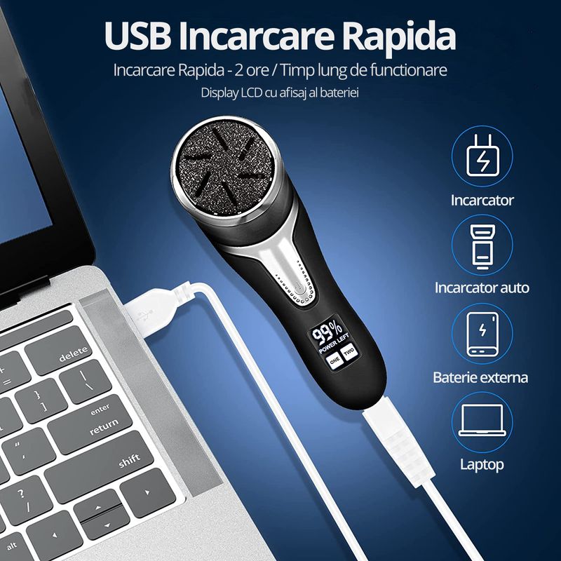 Ingrijire personala si Cosmetice - Manichiura si pedichiura - Pile cosmetice - Pila Electrica pentru Talpi si Calcaie, Bataturi, Piele Moarta, LittleDomi, Dispaly Digital LED, Reincarcabil, Afisare - Infinity.ro