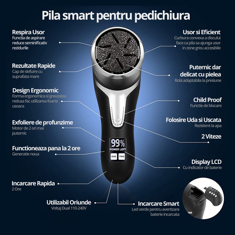 Ingrijire personala si Cosmetice - Manichiura si pedichiura - Pile cosmetice - Pila Electrica pentru Talpi si Calcaie, Bataturi, Piele Moarta, LittleDomi, Dispaly Digital LED, Reincarcabil, Afisare - Infinity.ro