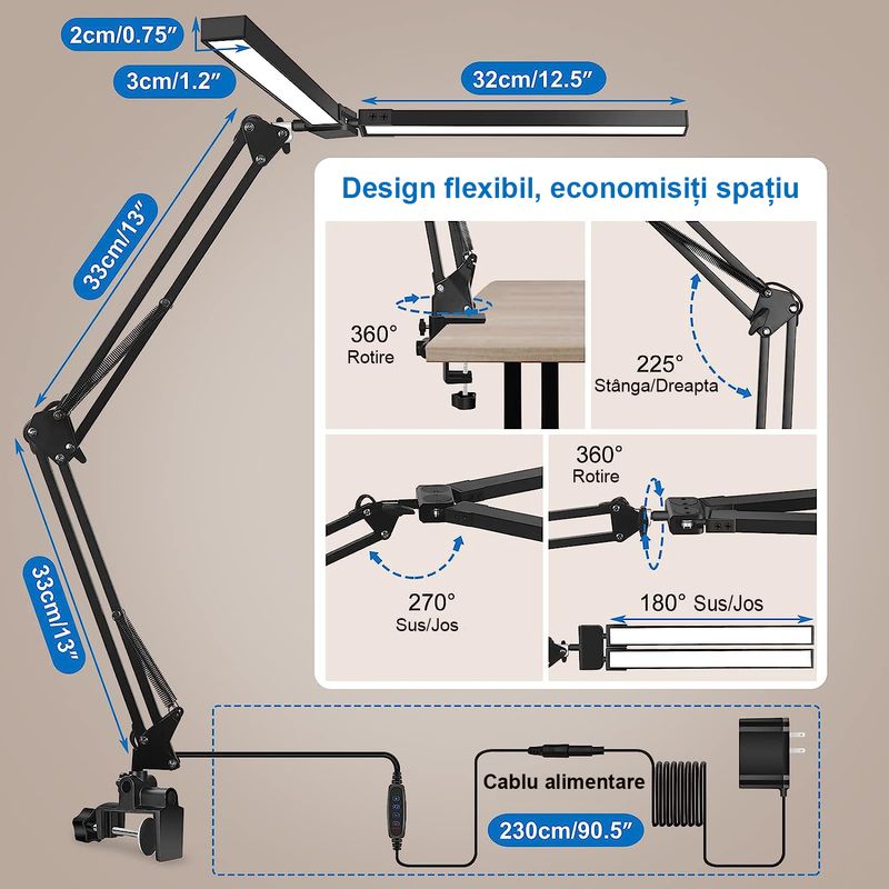 Casa si Gradina - Corpuri si surse de iluminat - Veioze si lampi - Lampi de veghe - Lampa de birou LED, LittleDomi, Brat Oscilant cu Clema sau Suport, Inaltime Ajustabila, 3 Moduri de Iluminare, 10 - Infinity.ro