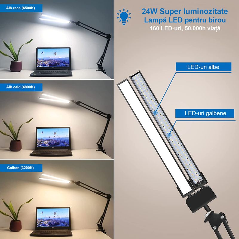 Casa si Gradina - Corpuri si surse de iluminat - Veioze si lampi - Lampi de veghe - Lampa de birou LED, LittleDomi, Brat Oscilant cu Clema sau Suport, Inaltime Ajustabila, 3 Moduri de Iluminare, 10 - Infinity.ro