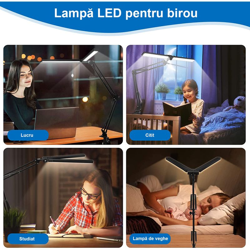 Casa si Gradina - Corpuri si surse de iluminat - Veioze si lampi - Lampi de veghe - Lampa de birou LED, LittleDomi, Brat Oscilant cu Clema sau Suport, Inaltime Ajustabila, 3 Moduri de Iluminare, 10 - Infinity.ro