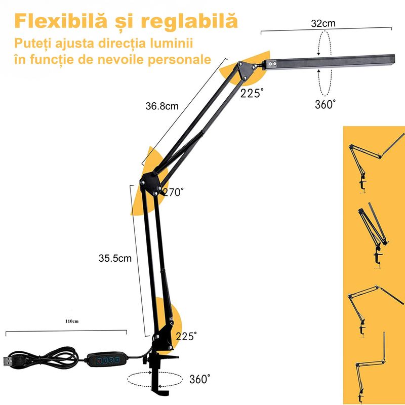 Casa si Gradina - Corpuri si surse de iluminat - Veioze si lampi - Lampi de veghe - Lampa de birou LED, LittleDomi, Brat Oscilant cu Clema, Inaltime Ajustabila, 3 Moduri de Iluminare - Infinity.ro