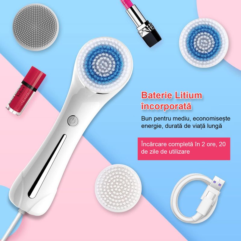 Ingrijire personala si Cosmetice - Aparate & accesorii ingrijire personala - Aparate cosmetice - Aparate intretinere si ingrijire corporala - Perie de Curatare Faciala LittleDomi, 2 in 1, Vibratii, 4 Capete, 2 Viteze, Acumulator Inclus, Lifting EMS cu Ioni, - Infinity.ro