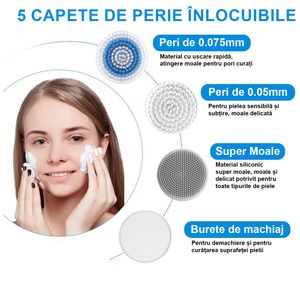 Perie de Curatare Faciala LittleDomi, 2 in 1, Vibratii, 4 Capete, 2 Viteze, Acumulator Inclus, Lifting EMS cu Ioni,