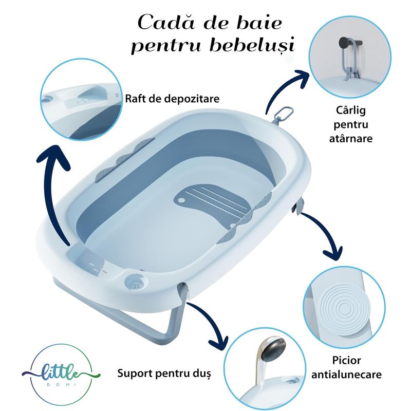 Jucarii, Copii si Bebe - Igiena si ingrijire - Baia bebelusului - Cadite bebe si accesorii baie - Cadita Pliabila cu Perna de Baie Hipoalergenica pentru Bebelusi LittleDomi®. 0-18 Luni, Termometru Incorporat, Suport - Infinity.ro