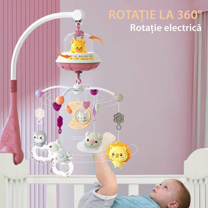 Jucarii, Copii si Bebe - Jucarii si jocuri - Jucarii bebelusi - Carusel patut - Carusel Muzical Reincarcabil pentru Patut Bebelusi LittleDomi®, Control prin Telecomanda, Cronometru, Joc de Lumini - Infinity.ro
