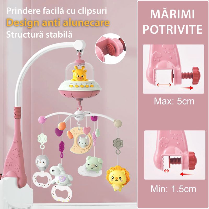 Jucarii, Copii si Bebe - Jucarii si jocuri - Jucarii bebelusi - Carusel patut - Carusel Muzical Reincarcabil pentru Patut Bebelusi LittleDomi®, Control prin Telecomanda, Cronometru, Joc de Lumini - Infinity.ro