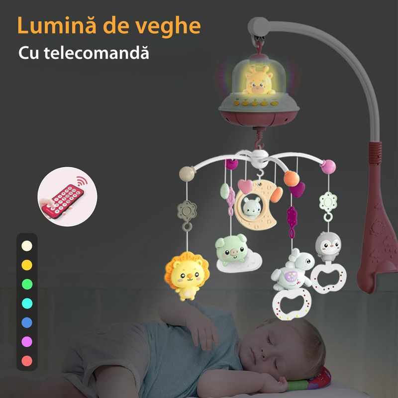Jucarii, Copii si Bebe - Jucarii si jocuri - Jucarii bebelusi - Carusel patut - Carusel Muzical Reincarcabil pentru Patut Bebelusi LittleDomi®, Control prin Telecomanda, Cronometru, Joc de Lumini - Infinity.ro