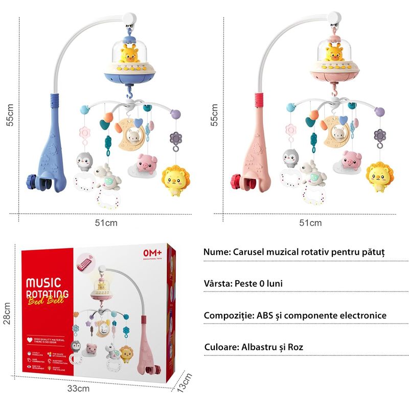 Jucarii, Copii si Bebe - Jucarii si jocuri - Jucarii bebelusi - Carusel patut - Carusel Muzical Reincarcabil pentru Patut Bebelusi LittleDomi®, Control prin Telecomanda, Cronometru, Joc de Lumini - Infinity.ro