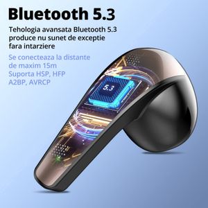 Casti Wireless Bluetooth 5.3, Control prin Atingere, Fara Fir, Carcasa Magnetica, Afisare LED, Eliminare Zgomot