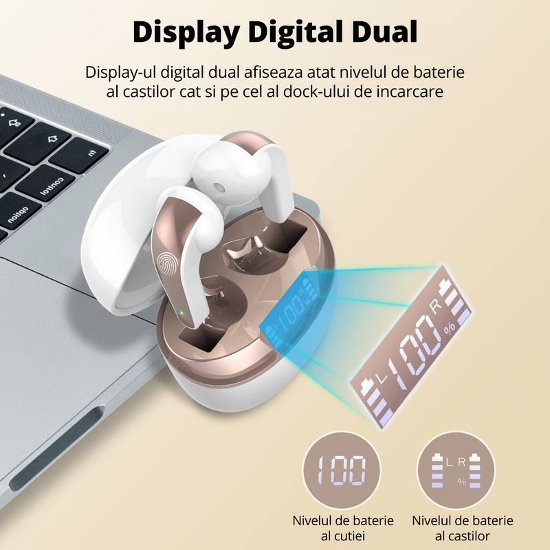 TV, Audio-Video si Foto - Portabile audio - Casti audio - Casti Wireless Bluetooth 5.3, Control prin Atingere, Fara Fir, Carcasa Magnetica, Afisare LED, Eliminare Zgomot - Infinity.ro