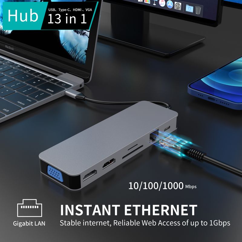 PC, gaming si accesorii - Retelistica - Hub-uri - HUB USB C 13 in 1 LUVLU™, 2 HDMI 4K@30Hz, 1 VGA 1080p@60Hz, PD 100W, SD/TF, 1 USB-C Data, 3 USB 3.0, 1 USB, RJ45 Gigabit - Infinity.ro