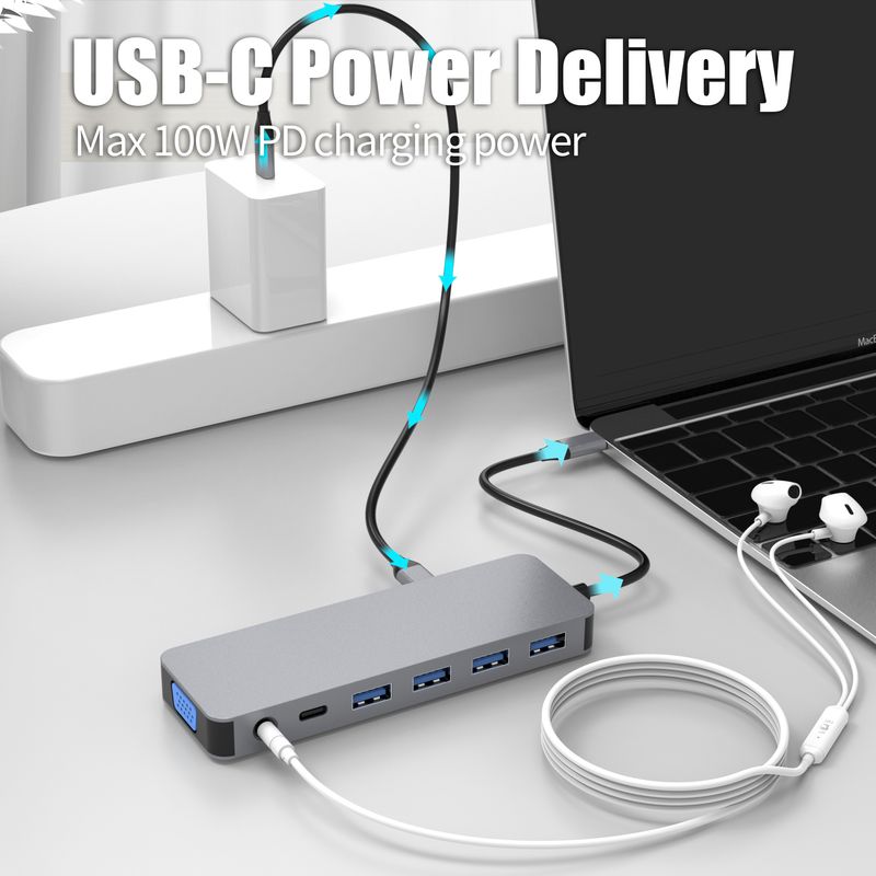 PC, gaming si accesorii - Retelistica - Hub-uri - HUB USB C 13 in 1 LUVLU™, 2 HDMI 4K@30Hz, 1 VGA 1080p@60Hz, PD 100W, SD/TF, 1 USB-C Data, 3 USB 3.0, 1 USB, RJ45 Gigabit - Infinity.ro
