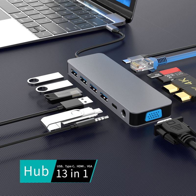 PC, gaming si accesorii - Retelistica - Hub-uri - HUB USB C 13 in 1 LUVLU™, 2 HDMI 4K@30Hz, 1 VGA 1080p@60Hz, PD 100W, SD/TF, 1 USB-C Data, 3 USB 3.0, 1 USB, RJ45 Gigabit - Infinity.ro