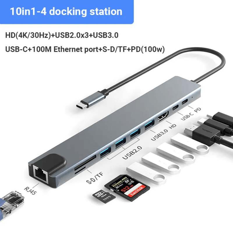 PC, gaming si accesorii - Retelistica - Hub-uri - HUB USB C 10 in 1 LUVLU™,  HDMI 4K@30Hz, PD 100W Charging Port, RJ45 Ethernet, SD/TF, 3 USB 2.0, 1 USB 3.0, 1 USB-C Data - Infinity.ro