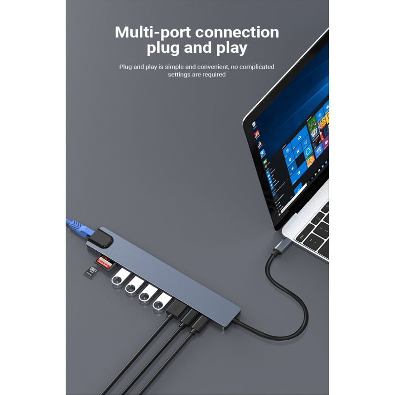 PC, gaming si accesorii - Retelistica - Hub-uri - HUB USB C 10 in 1 LUVLU™,  HDMI 4K@30Hz, PD 100W Charging Port, RJ45 Ethernet, SD/TF, 3 USB 2.0, 1 USB 3.0, 1 USB-C Data - Infinity.ro