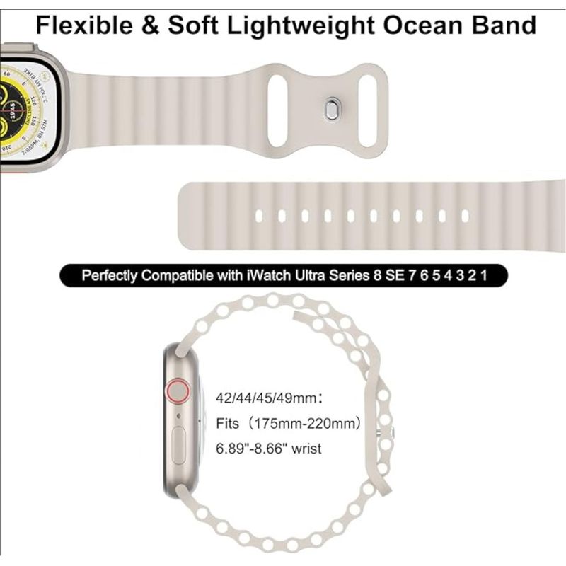 Laptop, Telefoane si Tablete - Wearables si gadgeturi - Wearables - Accesorii wearables - Curea silicon pentru Apple Watch 42/44/45/49mm, compatibila seria 1-10 / SE / Ultra 2 / Ultra, Starlight, LUVLU™ - Infinity.ro