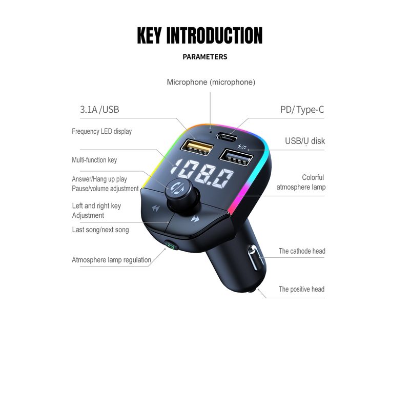 Auto si Moto - Electronice auto - Multimedia auto - Modulator FM Auto Bluetooth, Handsfree Car Kit, Transmitator FM, Incarcare rapida, MP3 Player, Lumina Ambientala, LUVLU™ - Infinity.ro