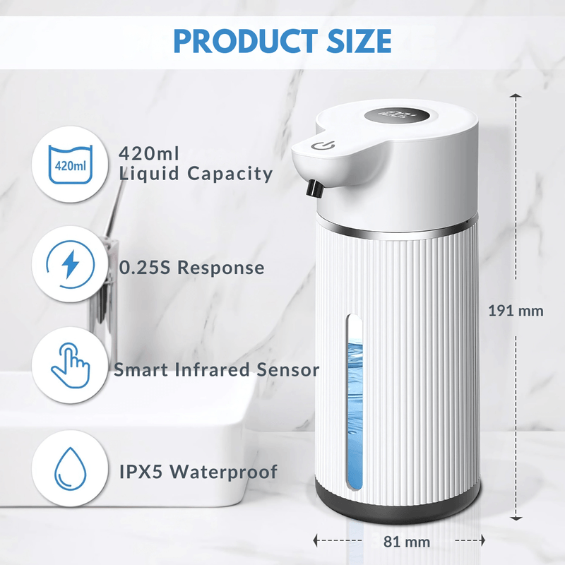 Casa si Gradina - Sanitare - Suporturi si accesorii baie - Accesorii baie - Dozator automat pentru sapun lichid LUVLU™, senzor inteligent Touchless 4 trepte de dozare display led 420ML, IPX5, Alb - Infinity.ro