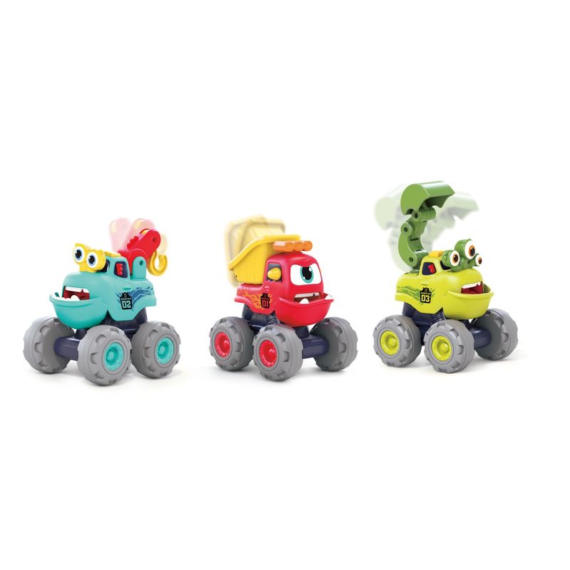 Jucarii, Copii si Bebe - Jucarii si jocuri - Jucarii bebelusi - Jucarii interactive bebelusi - Set 3 masinute de constructie monstruletii amuzanti cu frictiune - Infinity.ro