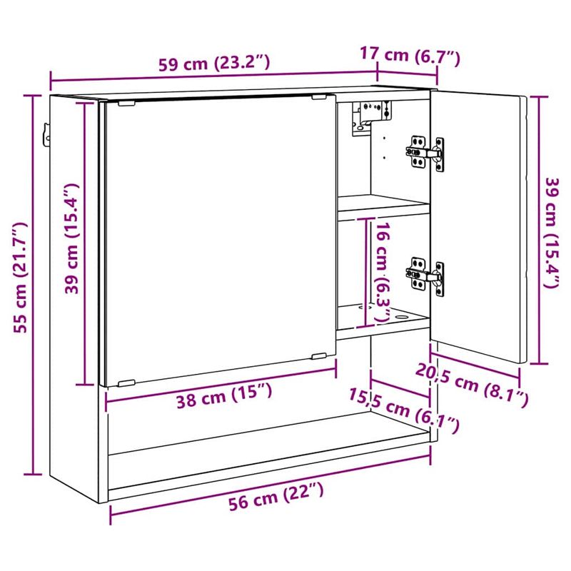 Casa si Gradina - Mobilier - Mobilier baie - Comode baie - Dulap cu oglinda stejar artizanal 59 x 17 x 55 cm Lemn compozit - Infinity.ro