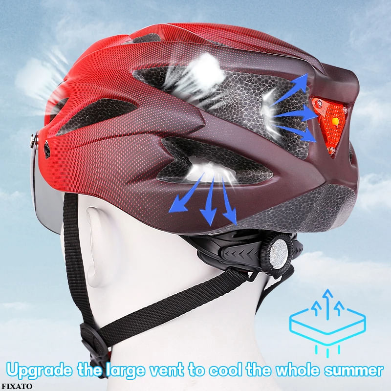 Sport si Outdoor - Echipament Sportiv - Accesorii echipament sportiv - Casti de protectie - Casca Protectie Bicicleta, FIXATO, Cu LED lumina spate, Trei moduri luminoase, Viziera Detasabila, Aerodinamica,, Negru - Infinity.ro