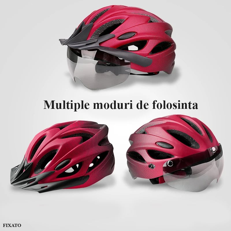 Sport si Outdoor - Echipament Sportiv - Accesorii echipament sportiv - Casti de protectie - Casca Protectie Bicicleta, FIXATO, Cu LED lumina spate, Trei moduri luminoase, Viziera Detasabila, Aerodinamica,Albastru - Infinity.ro