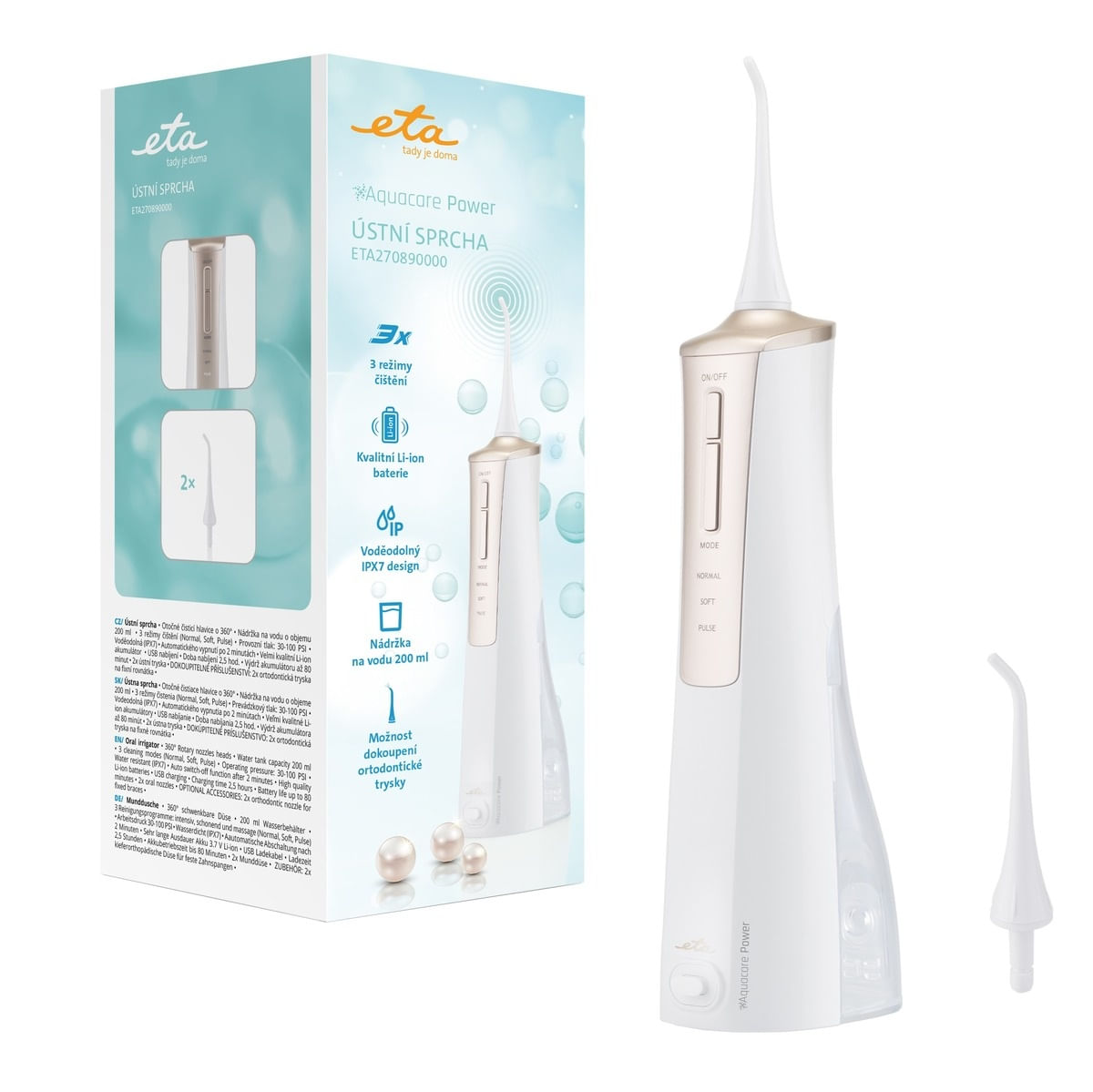 Irigator bucal ETA AquaCare Power 2708 90000, 3 moduri de curatare, rezervor 200 ml, IPX7, alb/auriu