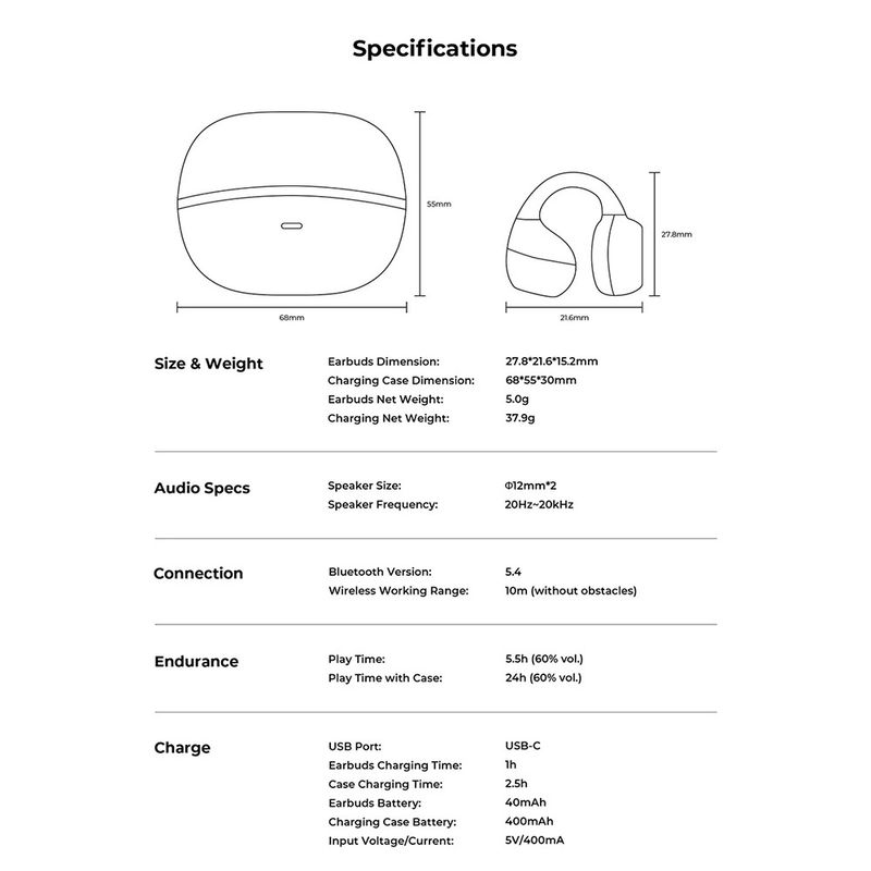 TV, Audio-Video si Foto - Portabile audio - Casti audio - Casti fara Fir cu Microfon, Albastrutooth 6.0, Type-C, ENC, IPX5, 400mAh - Havit (OWS916) - Negru - Infinity.ro