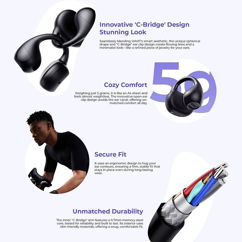 TV, Audio-Video si Foto - Portabile audio - Casti audio - Casti fara Fir cu Microfon, Albastrutooth 6.0, Type-C, ENC, IPX5, 400mAh - Havit (OWS916) - Negru - Infinity.ro