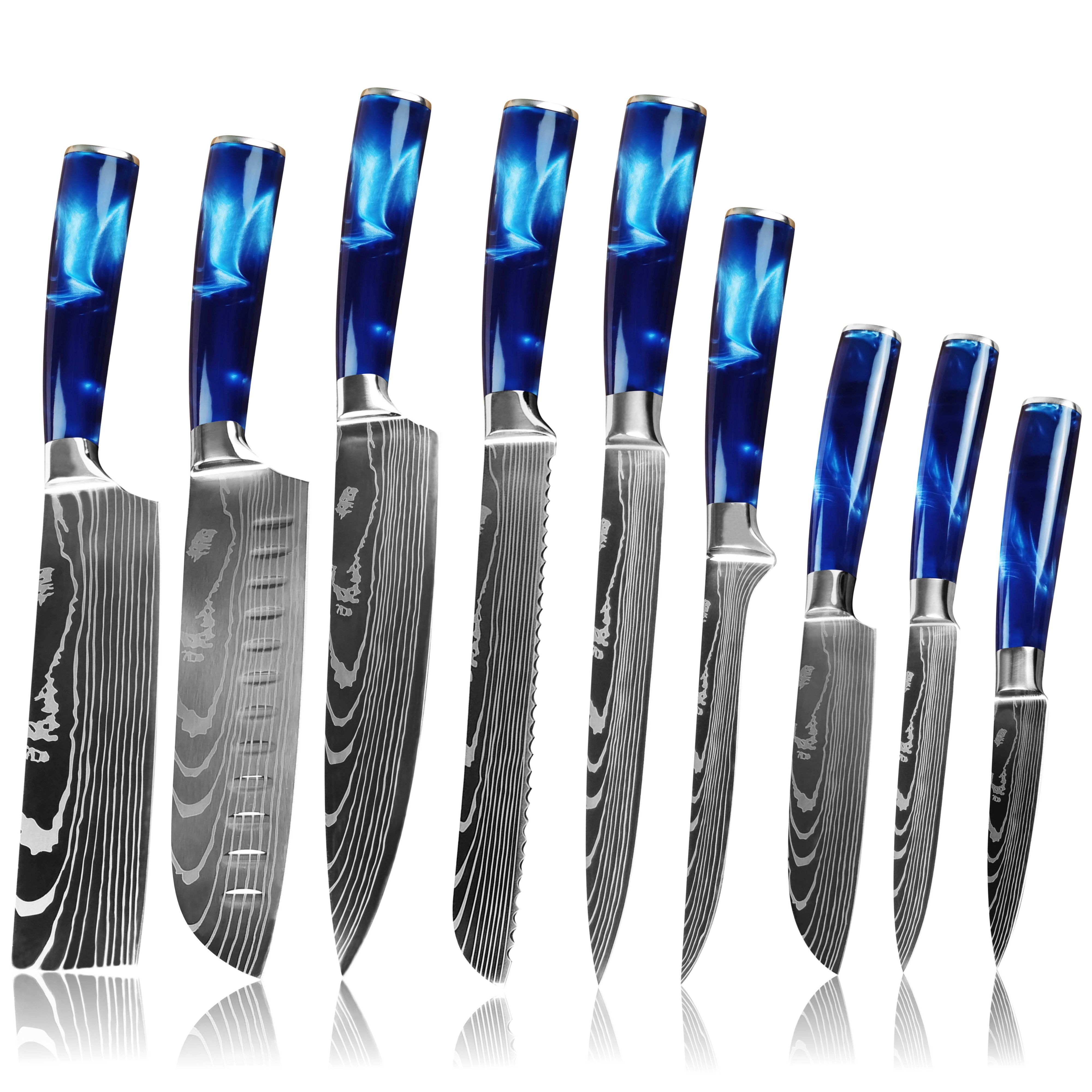 Set cutite profesionale de bucatarie, otel Japonez HRC 60, calire laser, maner deluxe albastru, 9 cutite + cutie cadou