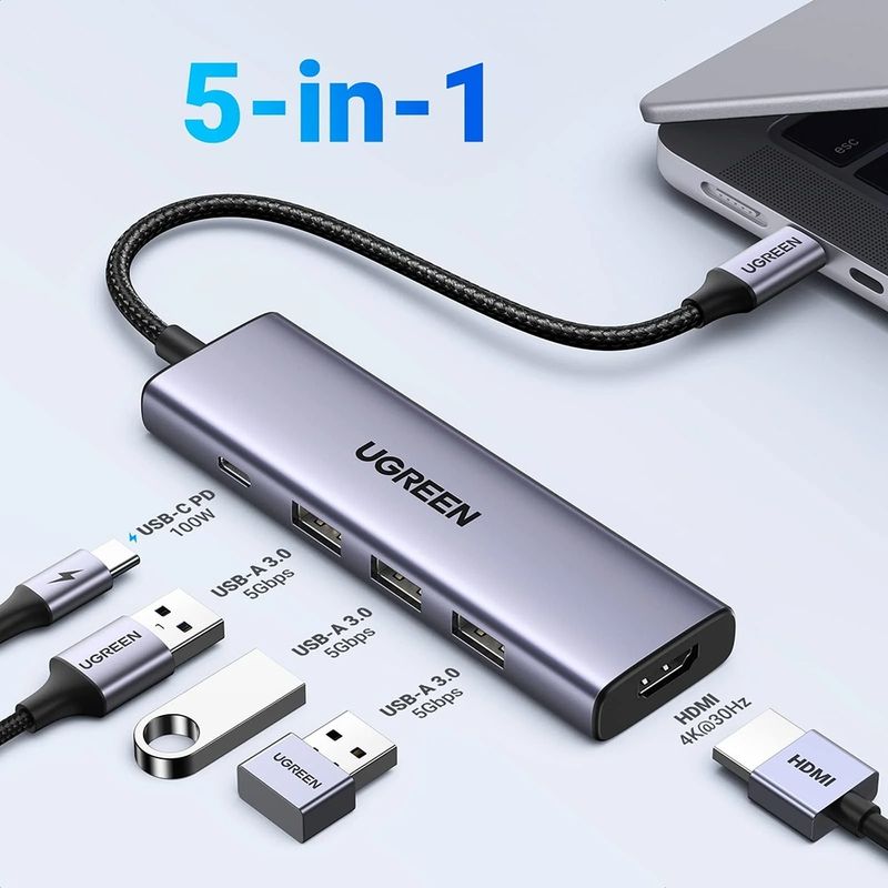 PC, gaming si accesorii - Retelistica - Hub-uri - Hub Multiport, Slim, USB-C, 3x USB, HDMI, PD100W, 5Gbps, 4K, 0.2m - UVerde (15596) - Gri - Infinity.ro