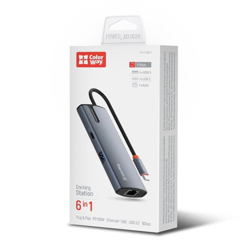 PC, gaming si accesorii - Retelistica - Hub-uri - Docking Station, USB, Type-C, RJ45, 5A, Cablu 0.17m - ColorWay (CW-HUB03) - Argintiu - Infinity.ro