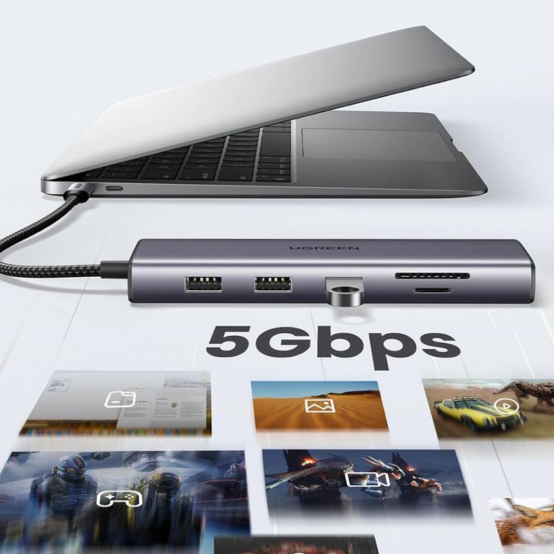 PC, gaming si accesorii - Retelistica - Hub-uri - Hub USB-C la Type-C, 3x USB, HDMI, RJ45, Jack 3.5mm, VGA, TF, SD Card - UVerde (15601) - Gri - Infinity.ro