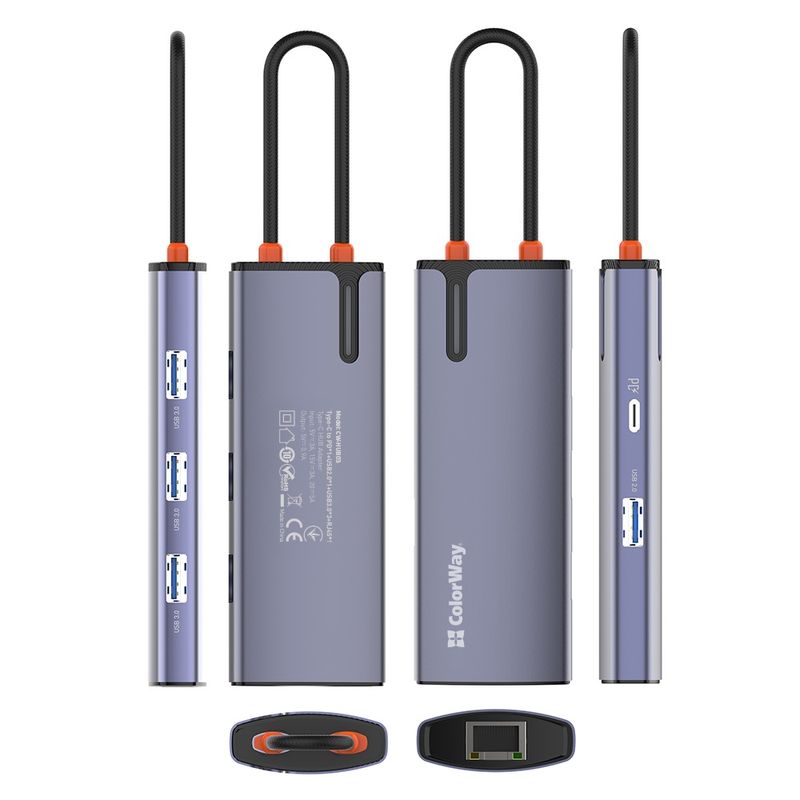 PC, gaming si accesorii - Retelistica - Hub-uri - Docking Station, USB, Type-C, RJ45, 5A, Cablu 0.17m - ColorWay (CW-HUB03) - Argintiu - Infinity.ro