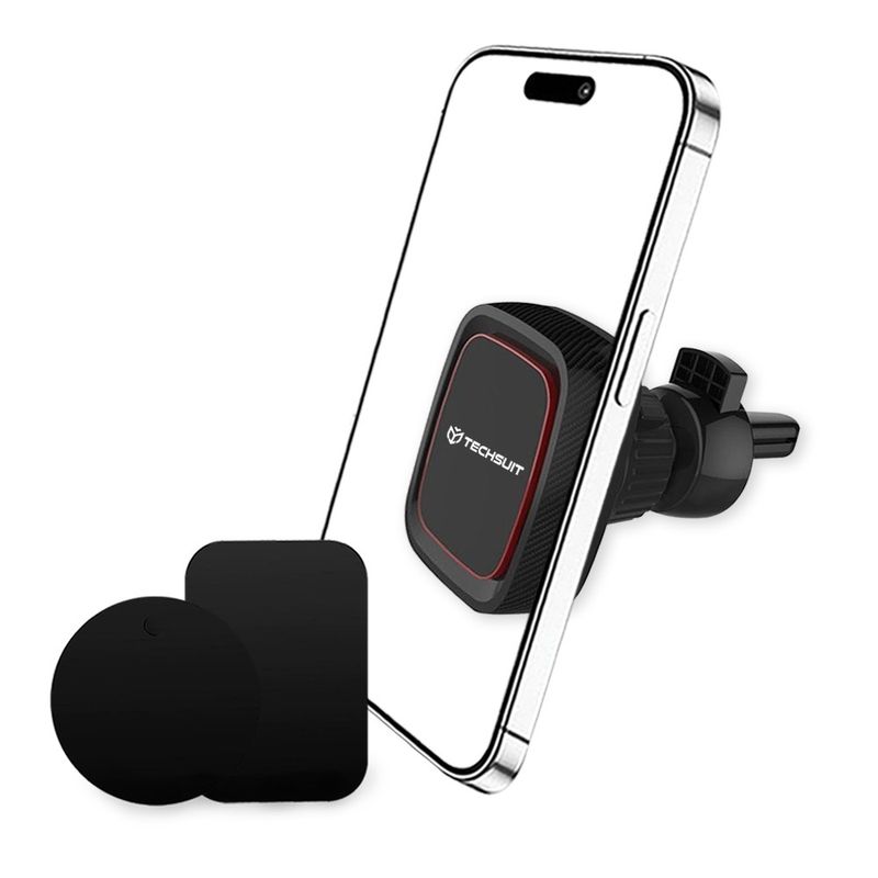 Laptop, Telefoane si Tablete - Telefoane mobile si accesorii - Accesorii Telefoane - Suport si docking telefoane - Suport Auto Magnetic pentru Grila de Ventilatie cu Placute Metalice - Techsuit MagGrip (S5) - Negru/Rosu - Infinity.ro