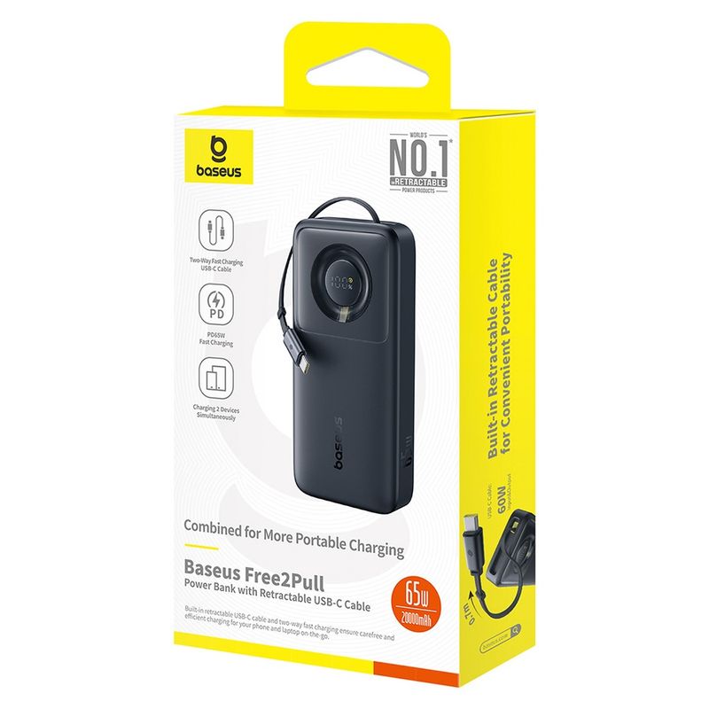Laptop, Telefoane si Tablete - Telefoane mobile si accesorii - Accesorii Telefoane - Baterii externe - Power Bank 20000mAh, 65W, Cablu Incorporat Type-C - Baseus Free2Pull (PP10073700123-00) - Negru - Infinity.ro