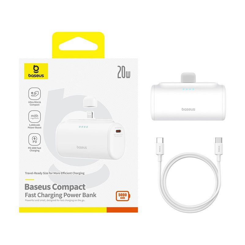 Laptop, Telefoane si Tablete - Telefoane mobile si accesorii - Accesorii Telefoane - Baterii externe - Power Bank pentru Telefon, Lightning, 20W, 5000mAh, Cablu Type-C - Baseus (P10068307413-00) - Alb - Infinity.ro