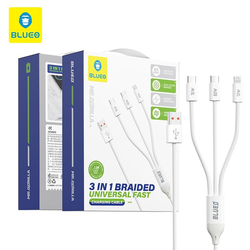 Laptop, Telefoane si Tablete - Telefoane mobile si accesorii - Accesorii Telefoane - Cabluri si adaptoare telefoane - Cablu de Date USB-A la 2x USB-C, Lightning, Fast Charging - Albastruo - Alb - Infinity.ro