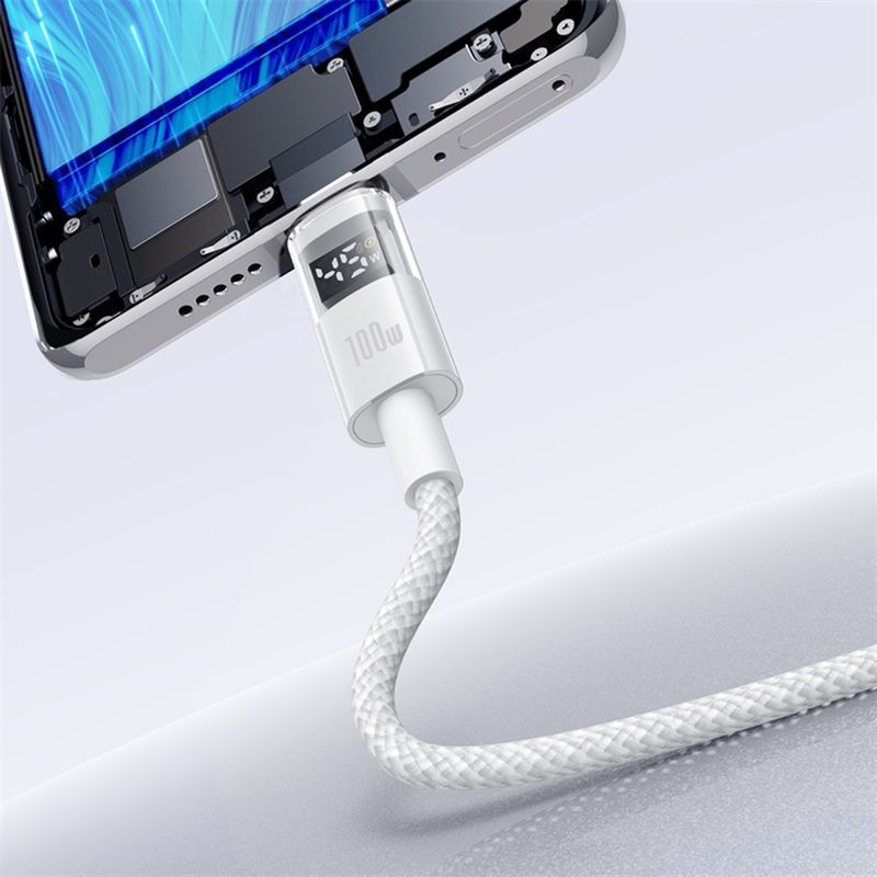 Laptop, Telefoane si Tablete - Telefoane mobile si accesorii - Accesorii Telefoane - Cabluri si adaptoare telefoane - Cablu de Date cu Afisaj Digital, USB la Type-C, 100W, 1m - Baseus Display 2 (P10382701211-00) - Alb - Infinity.ro