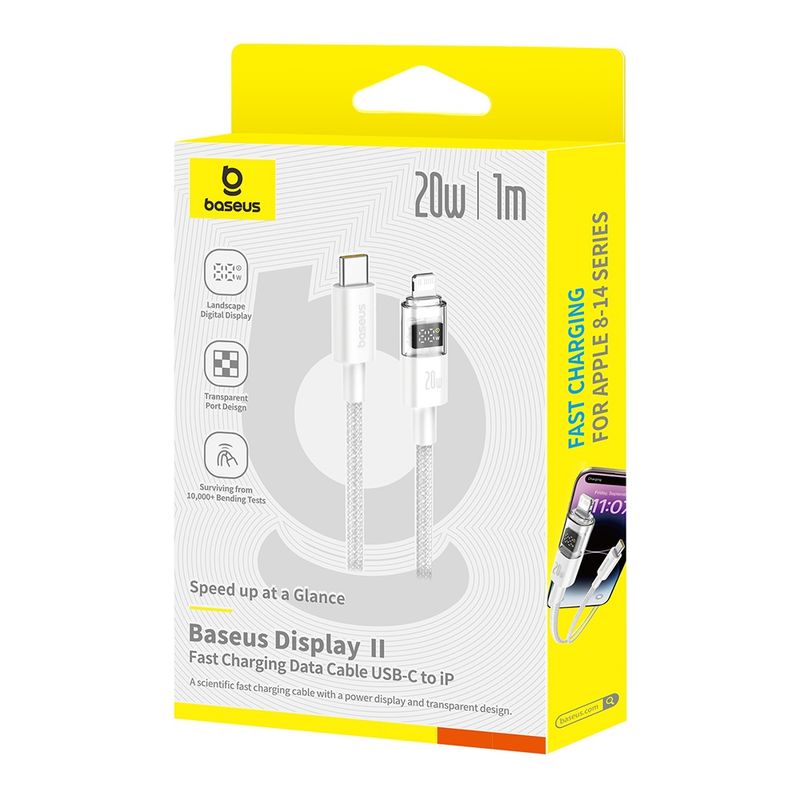 Laptop, Telefoane si Tablete - Telefoane mobile si accesorii - Accesorii Telefoane - Cabluri si adaptoare telefoane - Cablu de Date cu Afisaj Digital, Type-C la Lightning, 20W, 1m - Baseus Display 2 (P10382703211-00) - Alb - Infinity.ro