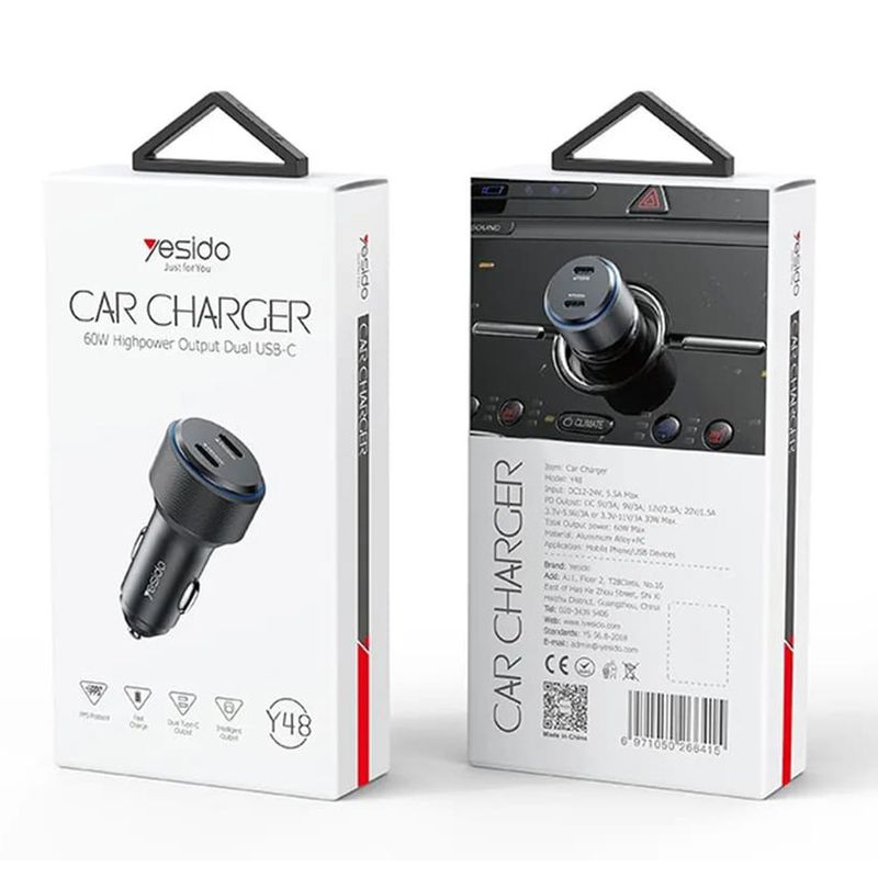 Laptop, Telefoane si Tablete - Telefoane mobile si accesorii - Accesorii Telefoane - Incarcatoare telefoane - Incarcator pentru Masina Type-C, 60W - Yesido (Y48) - Negru - Infinity.ro