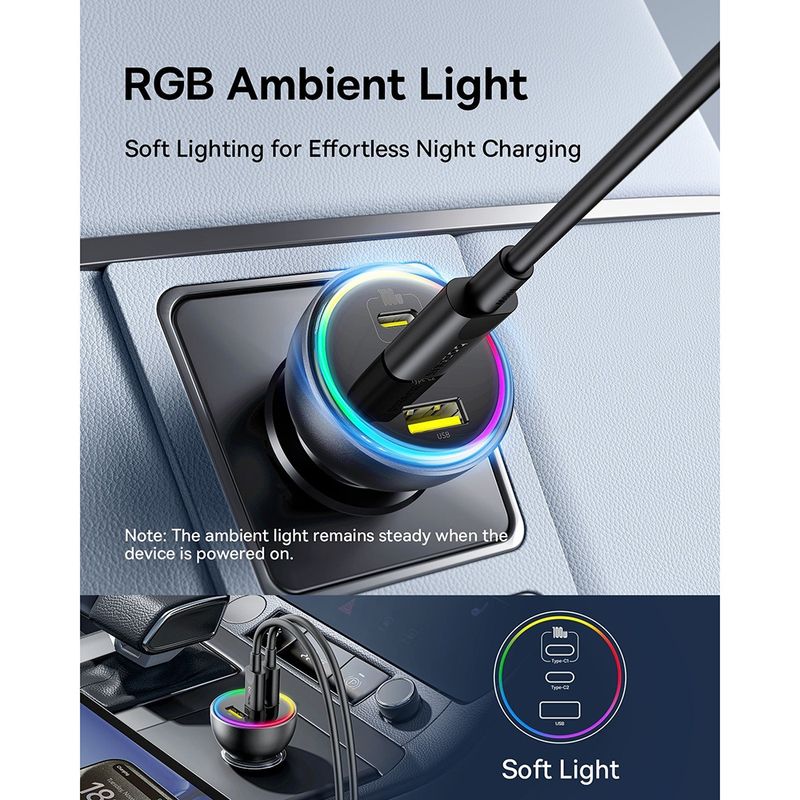 Laptop, Telefoane si Tablete - Telefoane mobile si accesorii - Accesorii Telefoane - Incarcatoare telefoane - Incarcator Auto cu Lumini RGB, 2x Type-C, USB, 152.5W, Fast Charging - Baseus (C00036101111-00) - Cluster Negru - Infinity.ro