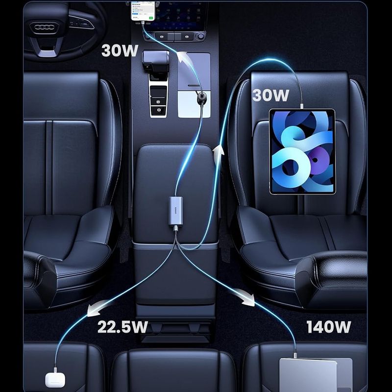 Laptop, Telefoane si Tablete - Telefoane mobile si accesorii - Accesorii Telefoane - Incarcatoare telefoane - Incarcator pentru Masina cu Splitter, USB, 3x USB-C, 150W - UVerde EC706 (35571) - Negru - Infinity.ro