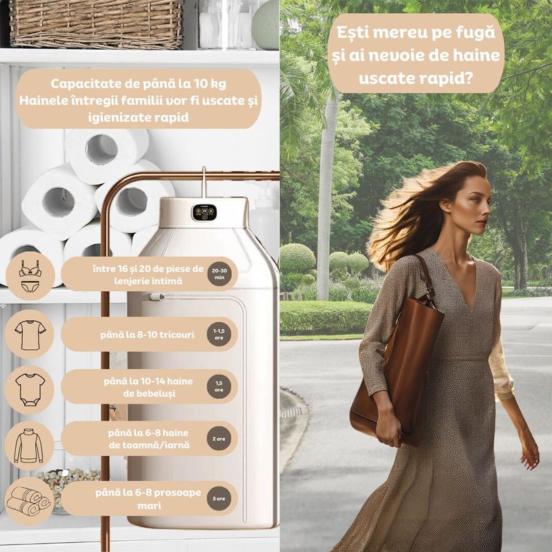 Electronice si Electrocasnice - Masini si uscatoare de rufe - Uscatoare de rufe - Mini uscator rufe electric, 7 trepte, uscare 360°, telecomanda, sterilizare UV, eliminare mirosuri si bacterii, Clickzu - Infinity.ro