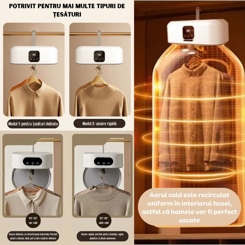 Electronice si Electrocasnice - Masini si uscatoare de rufe - Uscatoare de rufe - Mini uscator rufe electric, 7 trepte, uscare 360°, telecomanda, sterilizare UV, eliminare mirosuri si bacterii, Clickzu - Infinity.ro