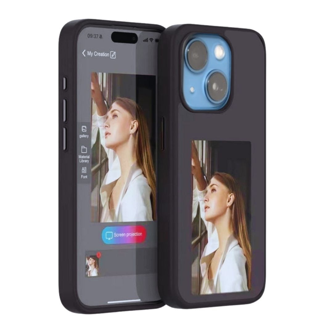 Husa pentru telefon cu ecran e-ink, proiectie poze prin NFC, iPhone 13 si 14, rezistenta la socuri, Clickzu