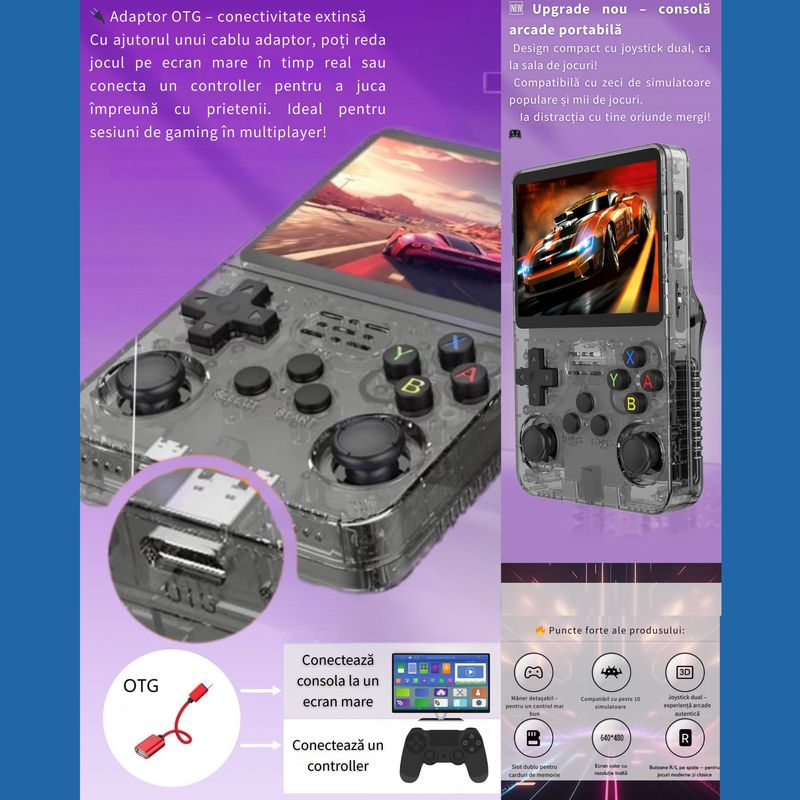 PC, gaming si accesorii - Gaming - Console gaming - Consola portabila retro R36S, peste 15000 jocuri, ecran IPS 3.5” HD, joystick dual 3D, suport multi-emulator, Clickzu - Infinity.ro