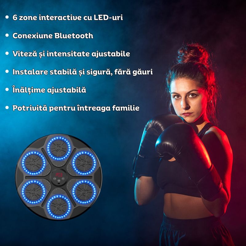 Jucarii, Copii si Bebe - Jucarii si jocuri - Jucarii & jocuri educative - Jucarii interactive - Tinta de box cu Bluetooth, 6 zone interactive cu LED RGB, viteza ajustabila, set 2 manusi, adulti si copii, Clickzu - Infinity.ro