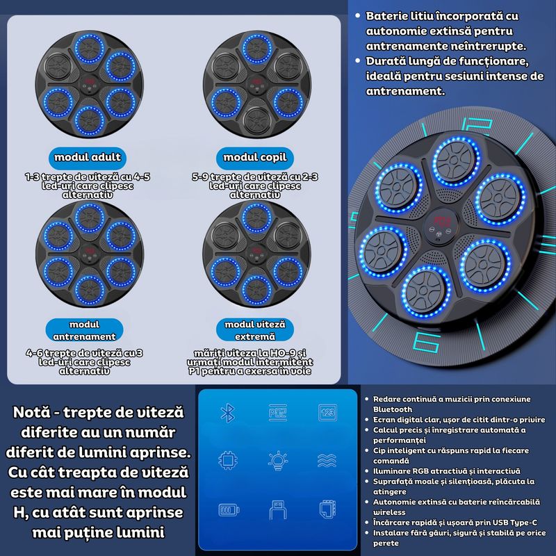 Jucarii, Copii si Bebe - Jucarii si jocuri - Jucarii & jocuri educative - Jucarii interactive - Tinta de box cu Bluetooth, 6 zone interactive cu LED RGB, viteza ajustabila, set 2 manusi, adulti si copii, Clickzu - Infinity.ro